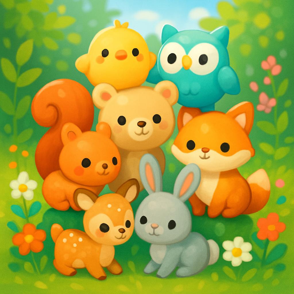A cartoon illustration of seven colorful forest animals, including a falcon, owl, teddy bear, star fox, moon rabbit, fawn,...