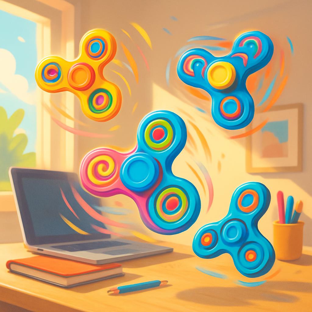 The image depicts a cartoon scene of four fidget spinners flying around a desk with a laptop. There is a stack of two note...