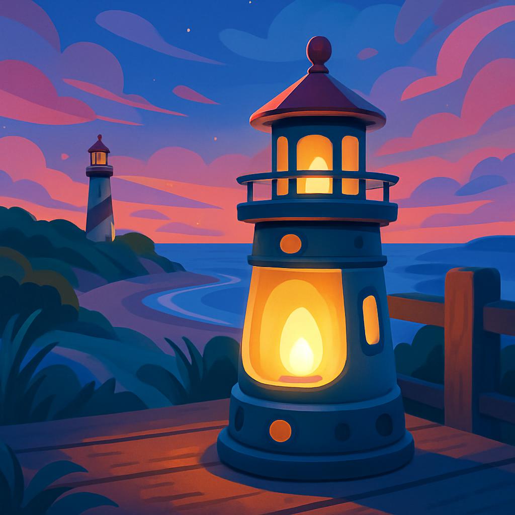 An animated image of two lighthouses on light and dark hills near a beach next to an ocean. The Lighthouse on the right is...