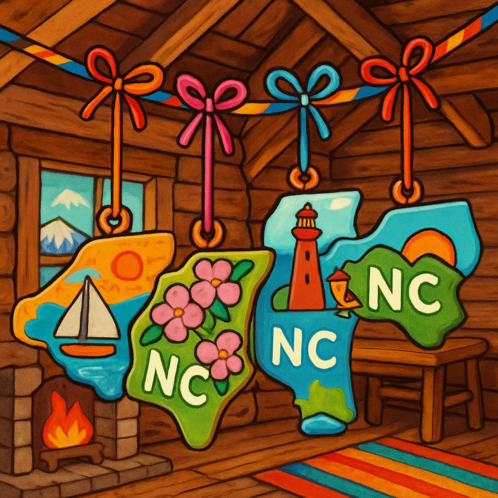 A vibrant illustration of North Carolina, showcasing its map, lighthouse, and flowers, set against a cozy cabin backdrop w...